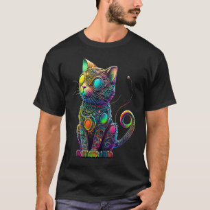 Camiseta Gato Abstrato Vetorial 3D Colorido Vibrante 3