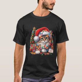 Camiseta Gato Aconchegante em Luzes de Natal, Chapéu de Pap