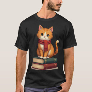 Camiseta Gato Aconchegante Lendo Livros Cachecol Outono Via