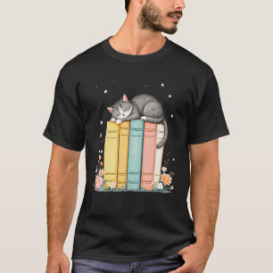 Camiseta Gato Adorável Amante de Livros Dormindo Relaxar Le