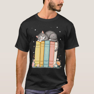 Camiseta Gato Adorável Amante de Livros Dormindo Relaxar Le