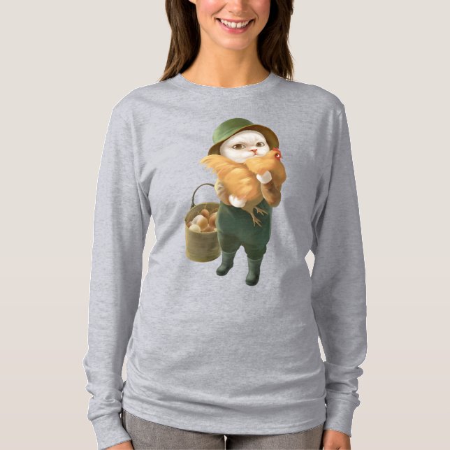 Camiseta Gato Adorável com Hen na Fazenda (Frente)