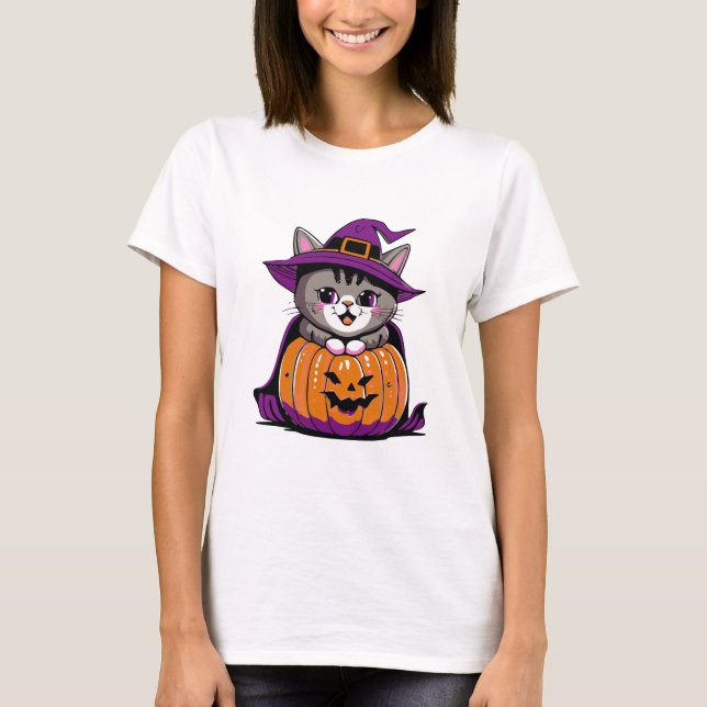 Camiseta Gato Adorável de Bruxas de Halloween (Frente)