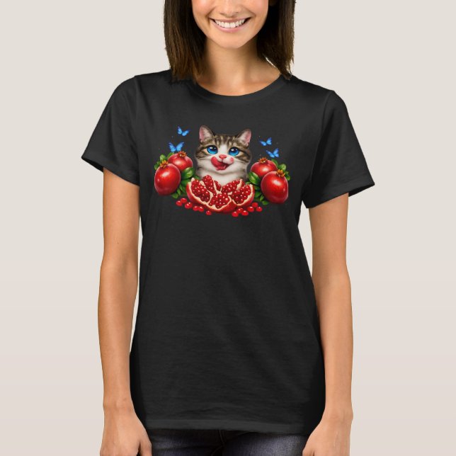 Camiseta Gato Adorável de Olhos Azuis com Romãs  (Frente)