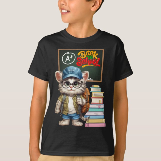 Camiseta Gato Adorável De Volta Ao Design Da Escola (Frente)