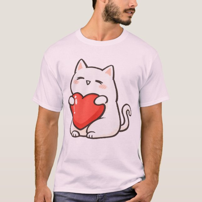 Camiseta Gato Adorável Segurando Coração (Frente)
