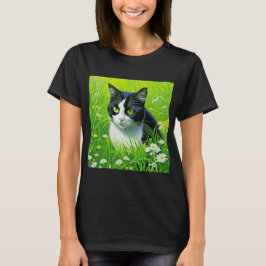 Camiseta Gato Adorável sentado num campo das Disies