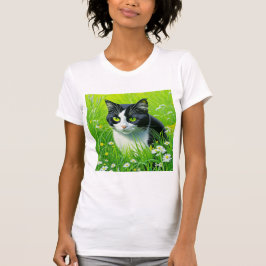 Camiseta Gato Adorável sentado num campo das Disies