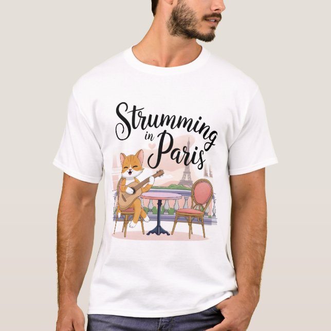 Camiseta Gato Adorável Tocando Violão na Arte Parisiense (Frente)