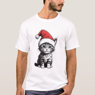 Camiseta Gato Adorável vestindo um chapéu de Papai Noel