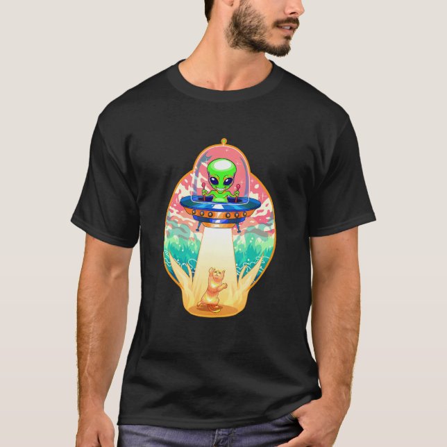 Camiseta Gato Alien Cute Abdução Nave Espacial Voadora OVNI (Frente)
