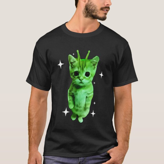 Camiseta Gato Alien Meme Espaço Verde Kitty Presentes Diver (Frente)