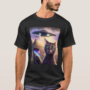 Camiseta Gato Alien UFO Selfie Galáxia Gato