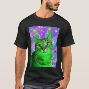 Camiseta Gato Alien Verde Roxo Antena Ficção Científica Tri