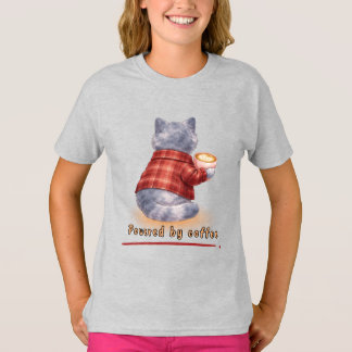 Camiseta Gato "Alimentado por Café" Segurando Uma Xícara de