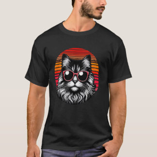 Camiseta Gato American Curl Óculos de Sol Retro Vintage Pôr