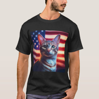 Camiseta Gato Americano De Polidactilo Em Frente À Bandeira