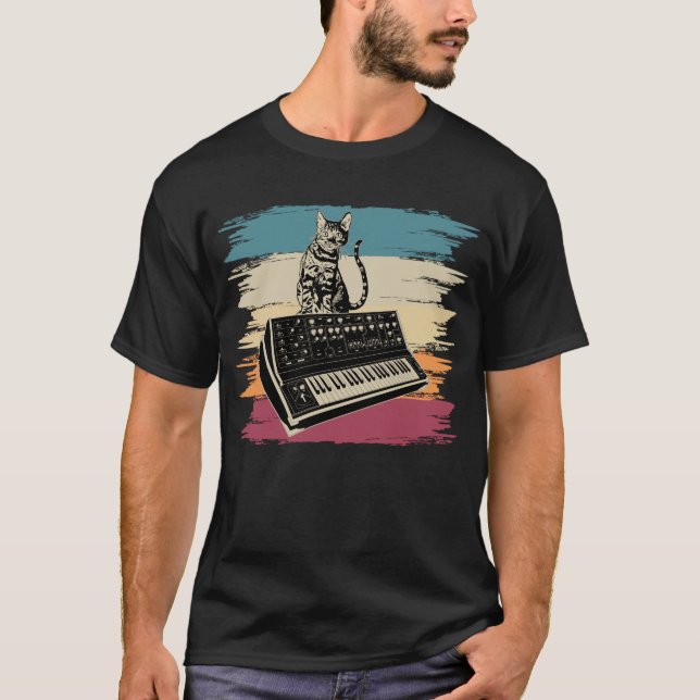 Camiseta Gato Analógico de Música Eletrônica do Synthesizer (Frente)