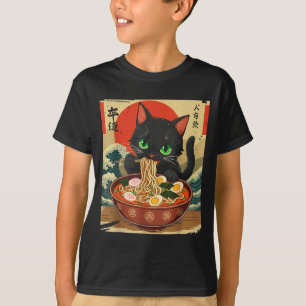 Camiseta Gato Anime Comendo Ramen Arte Japonesa Gráfico Gat