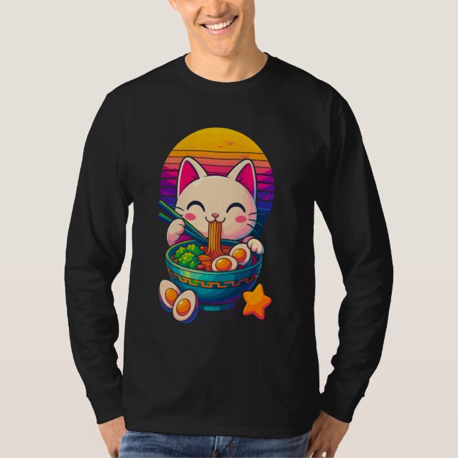 Camiseta Gato Anime Fofo Comendo Ramen (Frente)