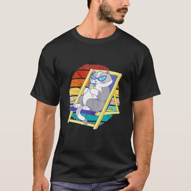 Camiseta Gato Antigo Comendo Sorvete Usando Óculos de Sol (Frente)