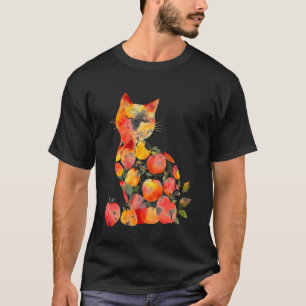 Camiseta Gato Aquarela com Maçãs Colheita de Outono Fantasi