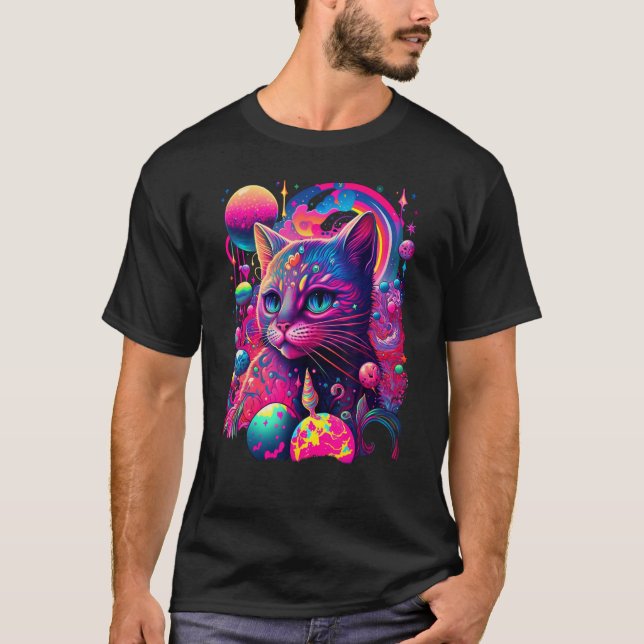 Camiseta Gato Arco-Íris Colorido Gráfico (Frente)