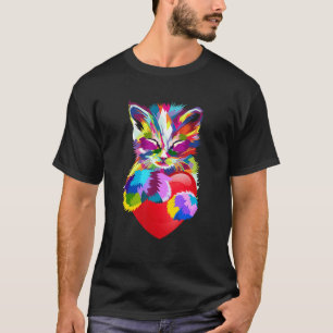 Camiseta Gato Arco-Íris Colorido Sorridente e Segurando Cor