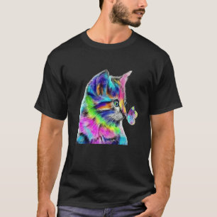Camiseta Gato Arco-Íris de Aquarela Com Borboleta Colorida