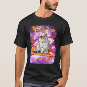 Camiseta Gato Arco-Íris Óculos Andando Pizza No Espaço Gala