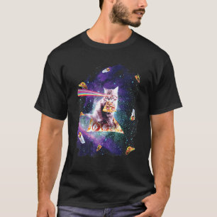 Camiseta Gato Arco-íris Olhos Laser Montando Pizza Astronau