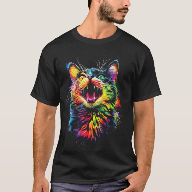 Camiseta Gato Arco-Íris Pop Art (Frente)