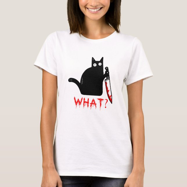 Camiseta Gato Assassino Engraçado, segurando Gato Negro, o  (Frente)