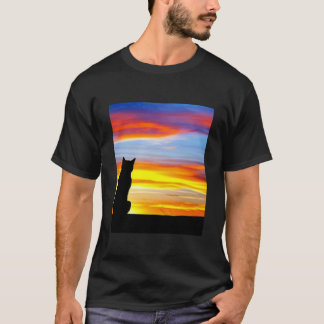 Camiseta Gato assistindo cena do pôr do sol Gato Preto Pôr