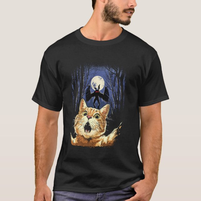 Camiseta Gato Assustado Selfie Gato Com Mothman Monstro Cri (Frente)