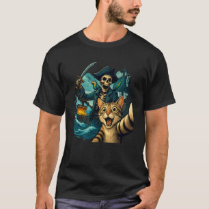 Camiseta Gato Assustado Surpreso Selfie Com Pirata Esquelet