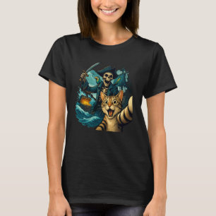 Camiseta Gato Assustado Surpreso Selfie Com Pirata Esquelet