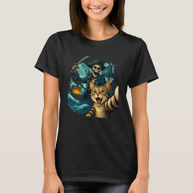 Camiseta Gato Assustado Surpreso Selfie Com Pirata Esquelet (Frente)
