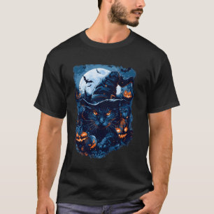 Camiseta Gato Assustador de Halloween Gráfico Chapéu de Bru