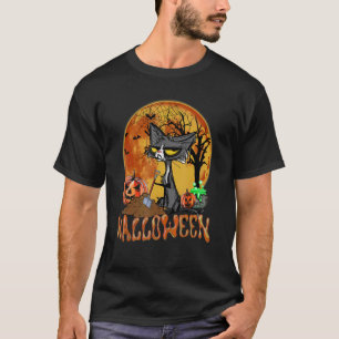 Camiseta Gato Assustador de Halloween Lua Vermelha Teia de