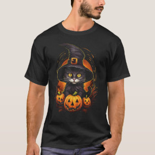 Camiseta Gato Assustador em Chapéu de Bruxa com Abóboras Gr