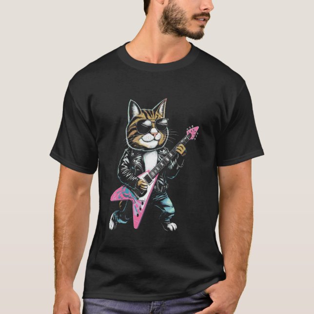 Camiseta Gato Astro de Rock Tocando Guitarra Design (Frente)