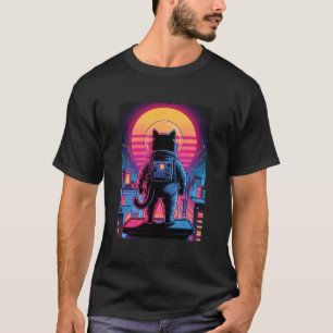 Camiseta Gato Astronauta Cidade Pôr do Sol Retrô Skyline Sy