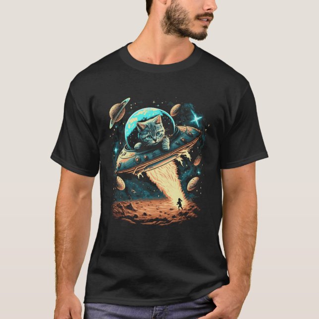 Camiseta Gato Astronauta Espacial Voador Ufo Alienígenas Ga (Frente)