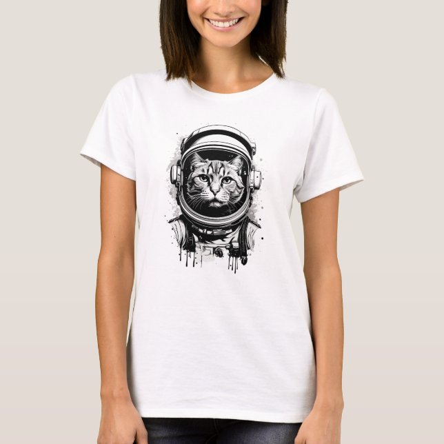 Camiseta Gato Astronauta Preto e Branco (Frente)