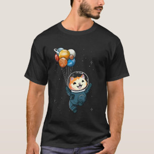 Camiseta Gato astronauta segurando balões de planetas espaç