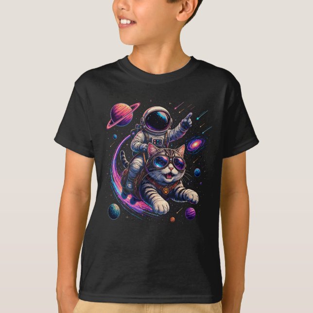 Camiseta Gato astronauta viajando pelo espaço (Frente)