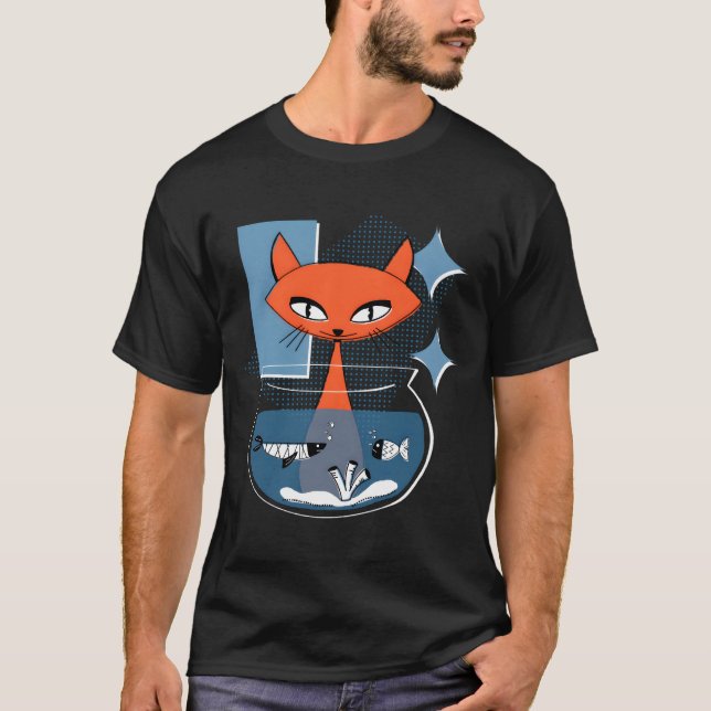 Camiseta Gato Atômico Com Tigela De Peixe Estilo Moderno De (Frente)