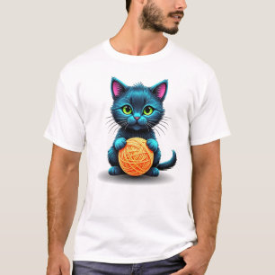 Camiseta Gato Azul Adorável com Bola de Yarn