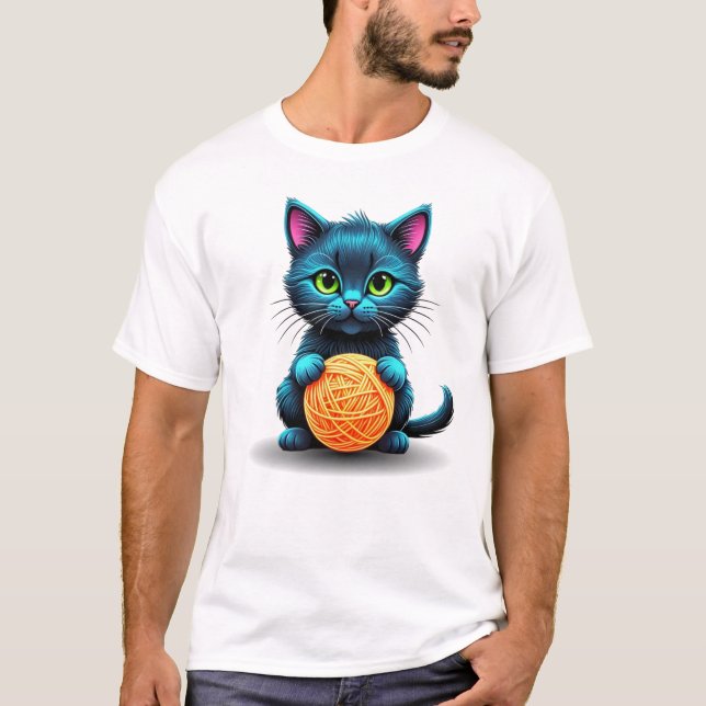 Camiseta Gato Azul Adorável com Bola de Yarn (Frente)